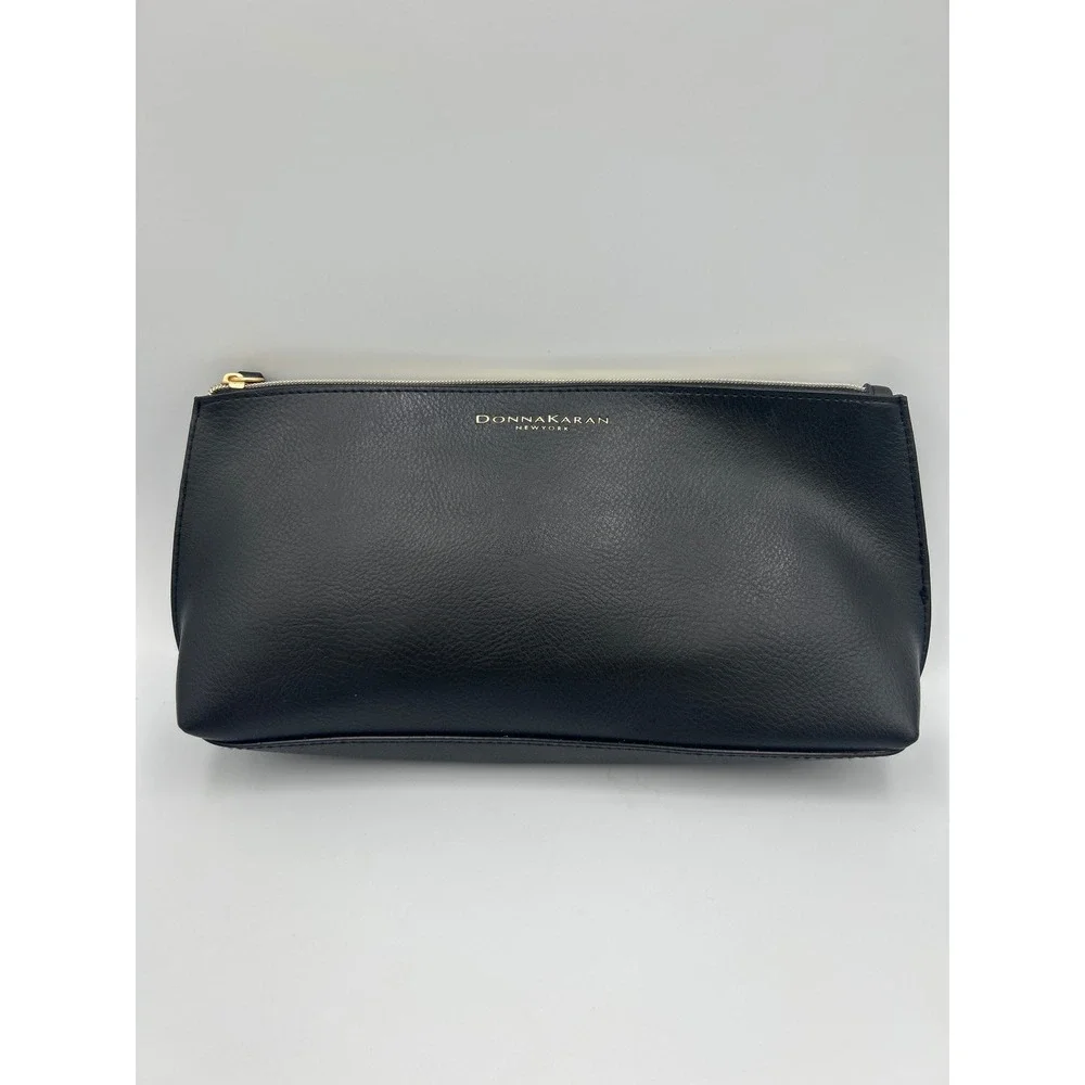 Donna Karan‎ New York Black Pebbled Faux Leather Cosmetic Bag Gold Zip Pouch